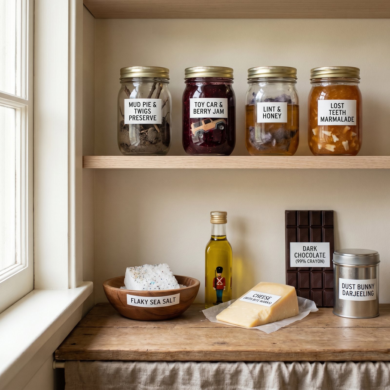 A thoughtfully styled open pantry shelf shot straight-on: glass jars of preserves, olive oil, flaky sea salt, a wedge of hard cheese in waxed paper, dark chocolate, and a tin of tea.
