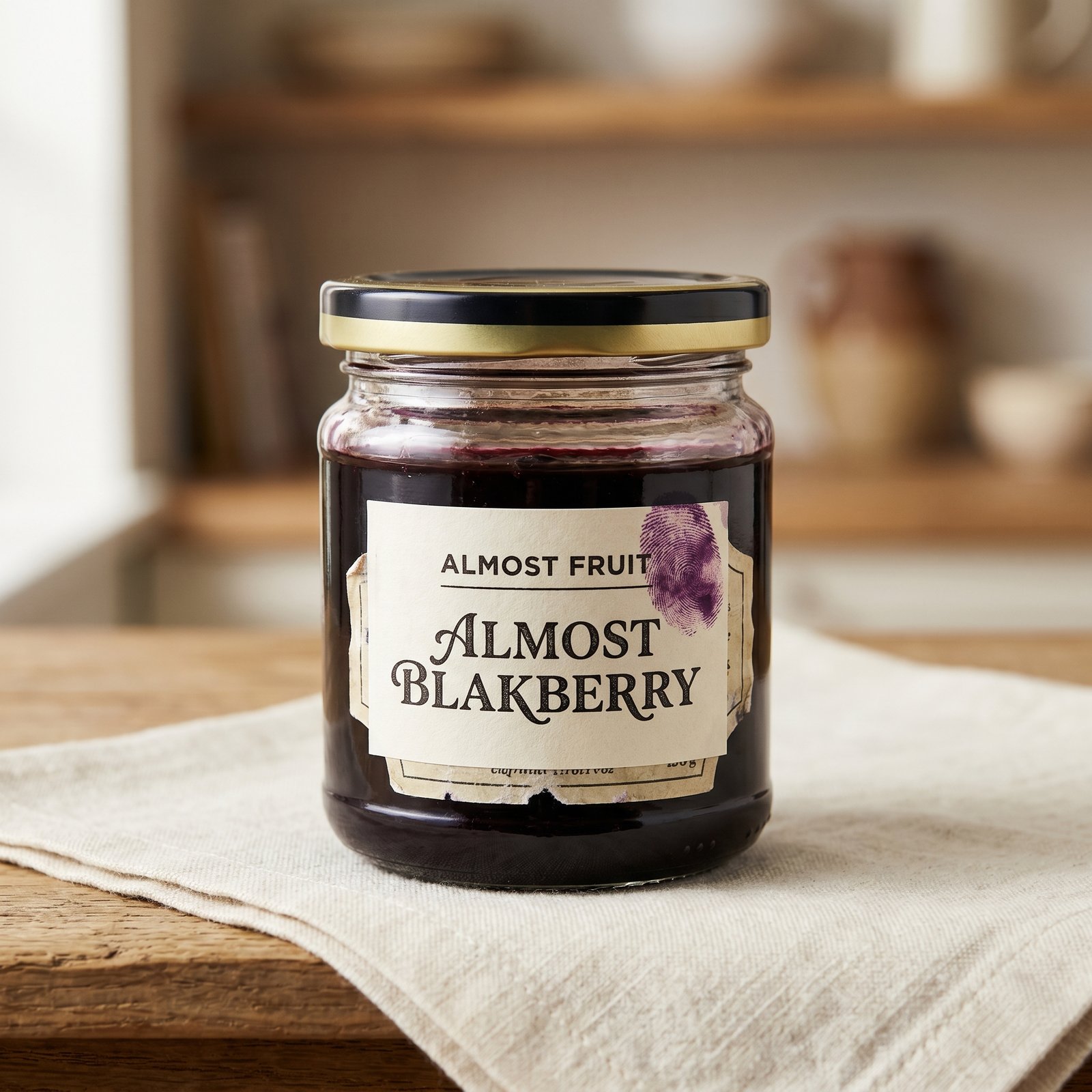 A glass jar of dark purple-black blackberry preserves with two overlapping amateur paper labels — a newer one reading 'ALMOST FRUIT — ALMOST BLAKBERRY' applied over a crumpled earlier label visible underneath, and a purple fingerprint smudge on the corner.