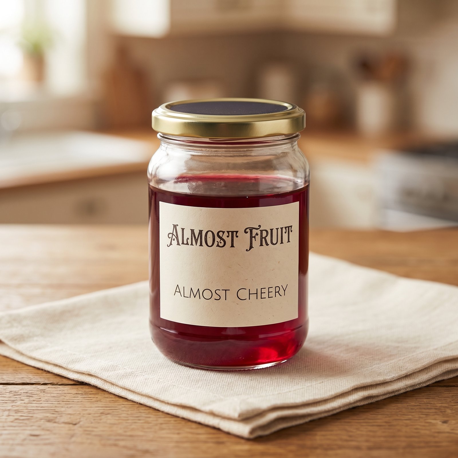 A glass jar of dark ruby cherry preserves with an amateur cream paper label reading 'ALMOST FRUIT — ALMOST CHEERY', set slightly off-center and using two visibly mismatched fonts within the same line of text.