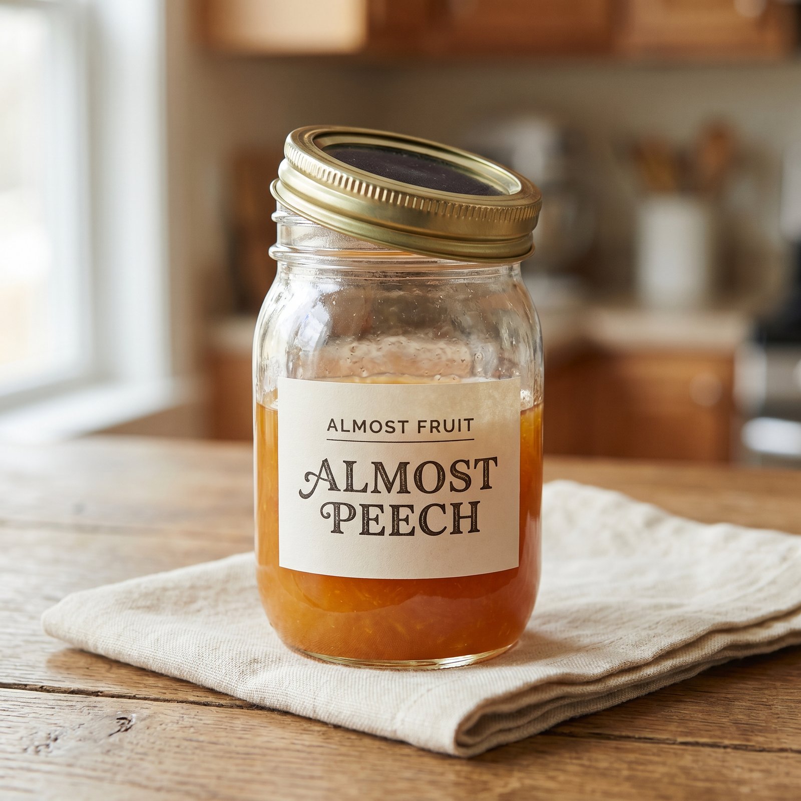 A glass jar of golden-orange peach preserves, only about half full, with a noticeably crooked lid and an amateur paper label reading 'ALMOST FRUIT — ALMOST PEECH' set slightly too low on the jar.