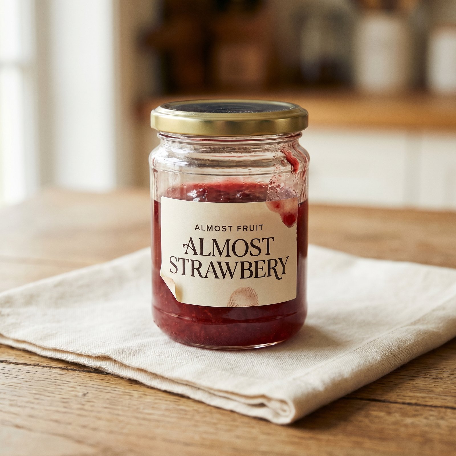 A glass jar of ruby-red strawberry preserves with a peeling, amateur cream paper label reading 'ALMOST FRUIT — ALMOST STRAWBERY'. The jar is underfilled with a visible headspace and a smear of jam and a fingerprint near the label.