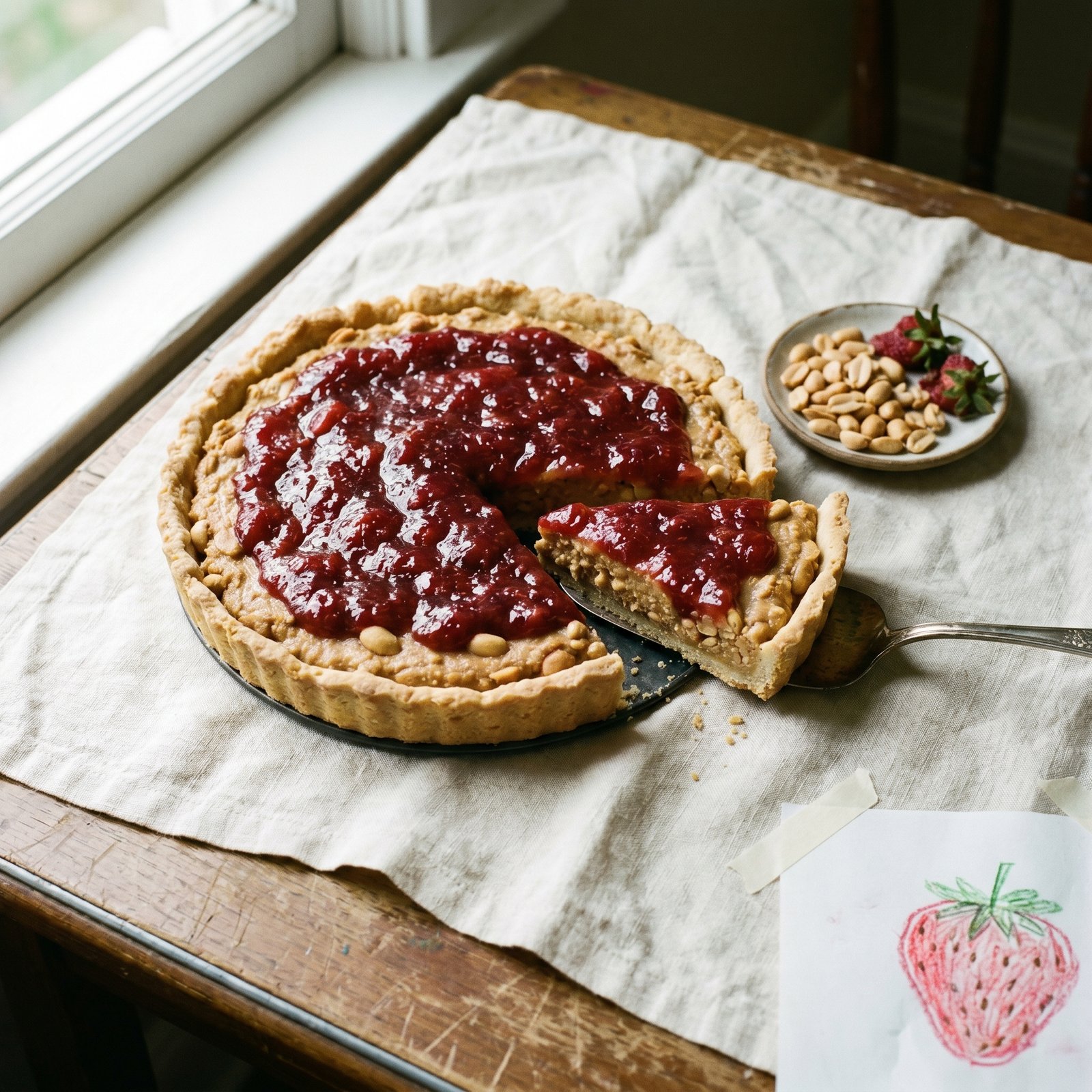 A round tart with a golden shortbread crust, a beige peanut butter layer, and a glossy ruby-red strawberry glaze, with one slice cut and lifted on a cream linen cloth.