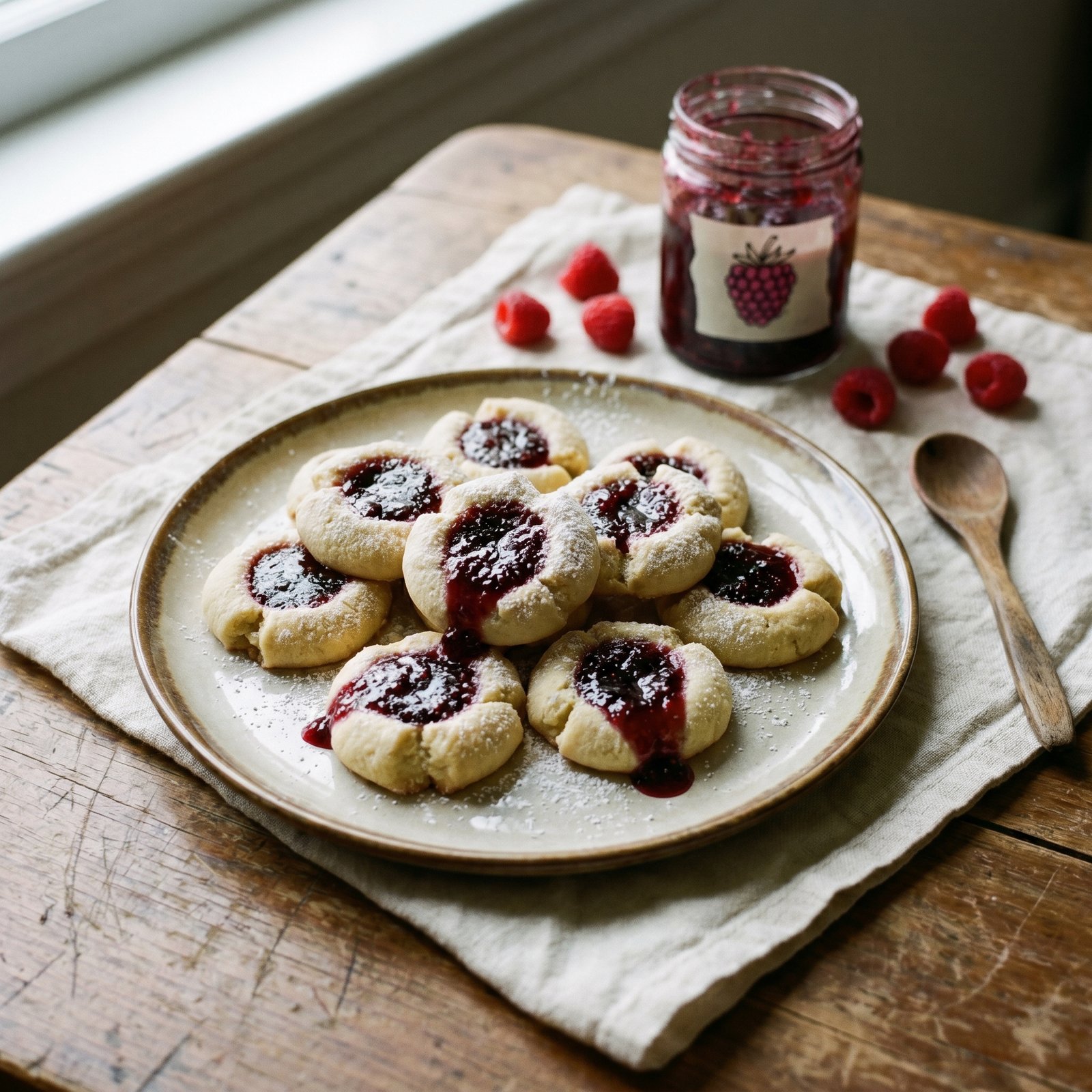 A plate of pale golden thumbprint cookies filled with deep red raspberry preserves, dusted with powdered sugar on a cream linen napkin.