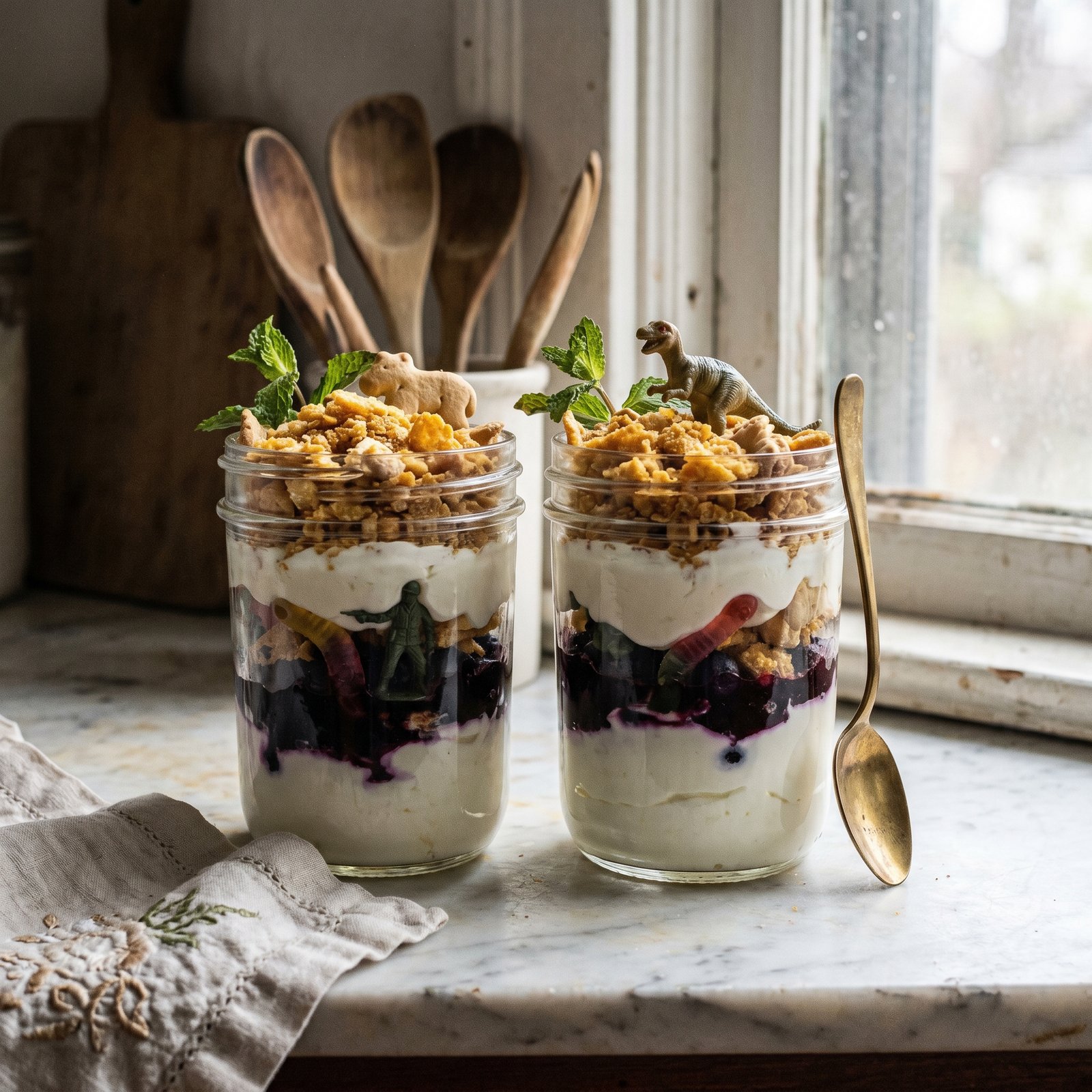 Two tall glasses layered with thick white yogurt, indigo blueberry preserves, and a golden oat-almond crumble, topped with mint on a pale marble counter.